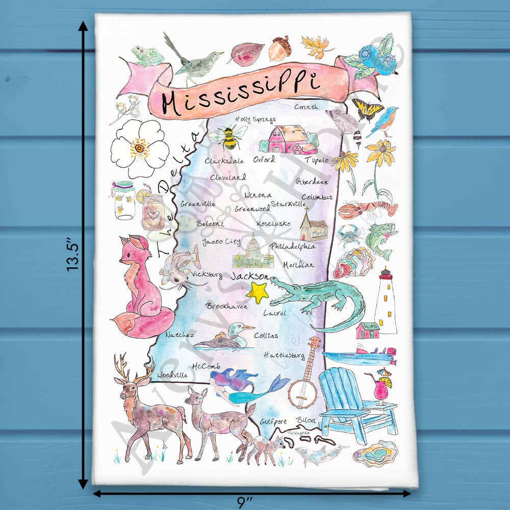 Mississippi State Map flour sack dish towel, art by Avery Jackson