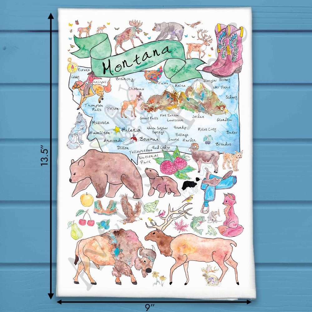 Montana State Map flour sack dish towel, art by Avery Jackson