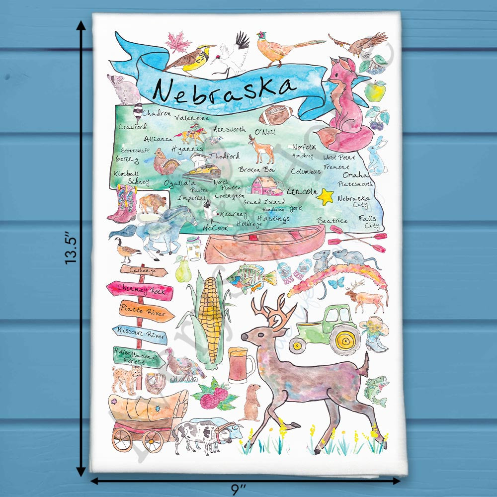 Nebraska State Map flour sack dish towel, art by Avery Jackson