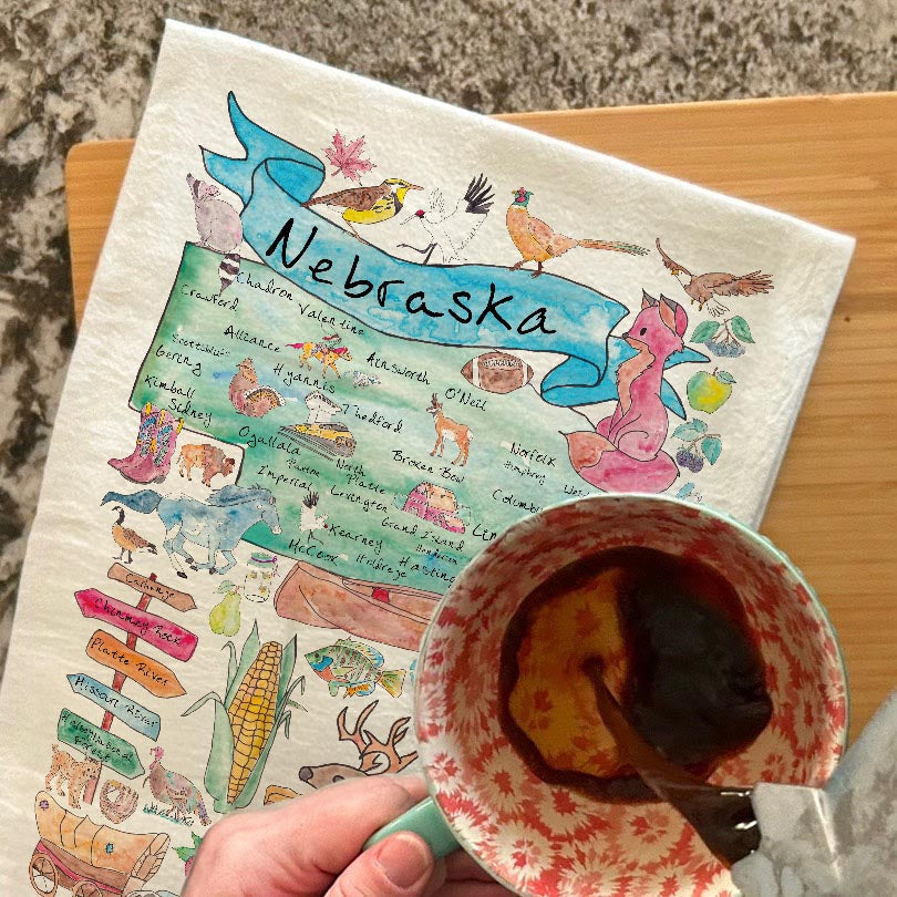 Nebraska State Map dish towel, 27x27 flour sack cotton