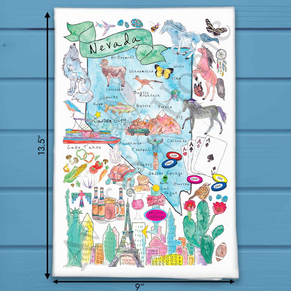 Nevada State Map flour sack dish towel, art by Avery Jackson