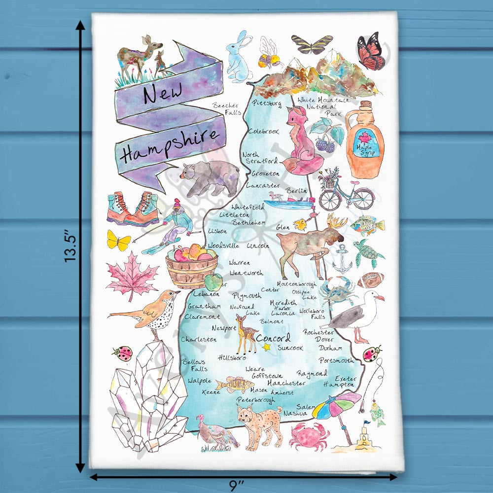 New Hampshire State Map flour sack dish towel, art by Avery Jackson