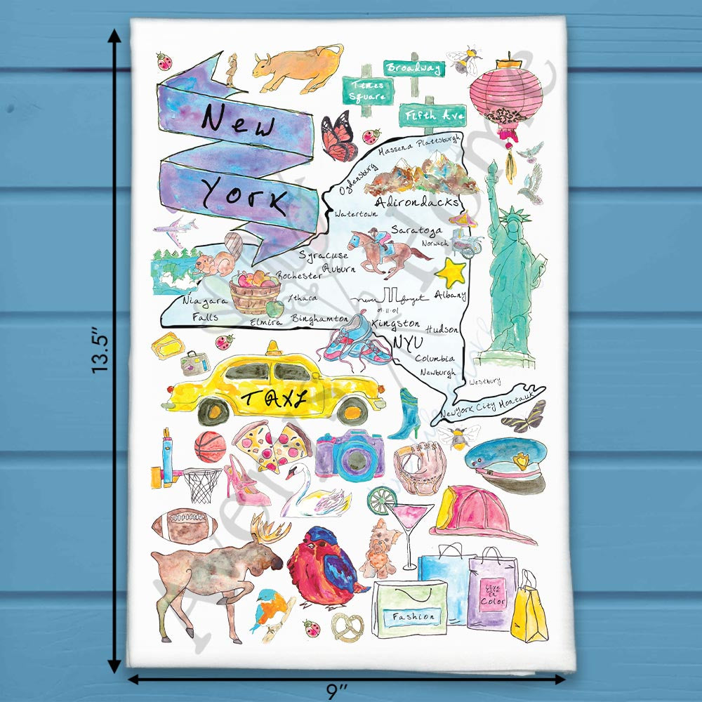 New York State Map flour sack dish towel, art by Avery Jackson