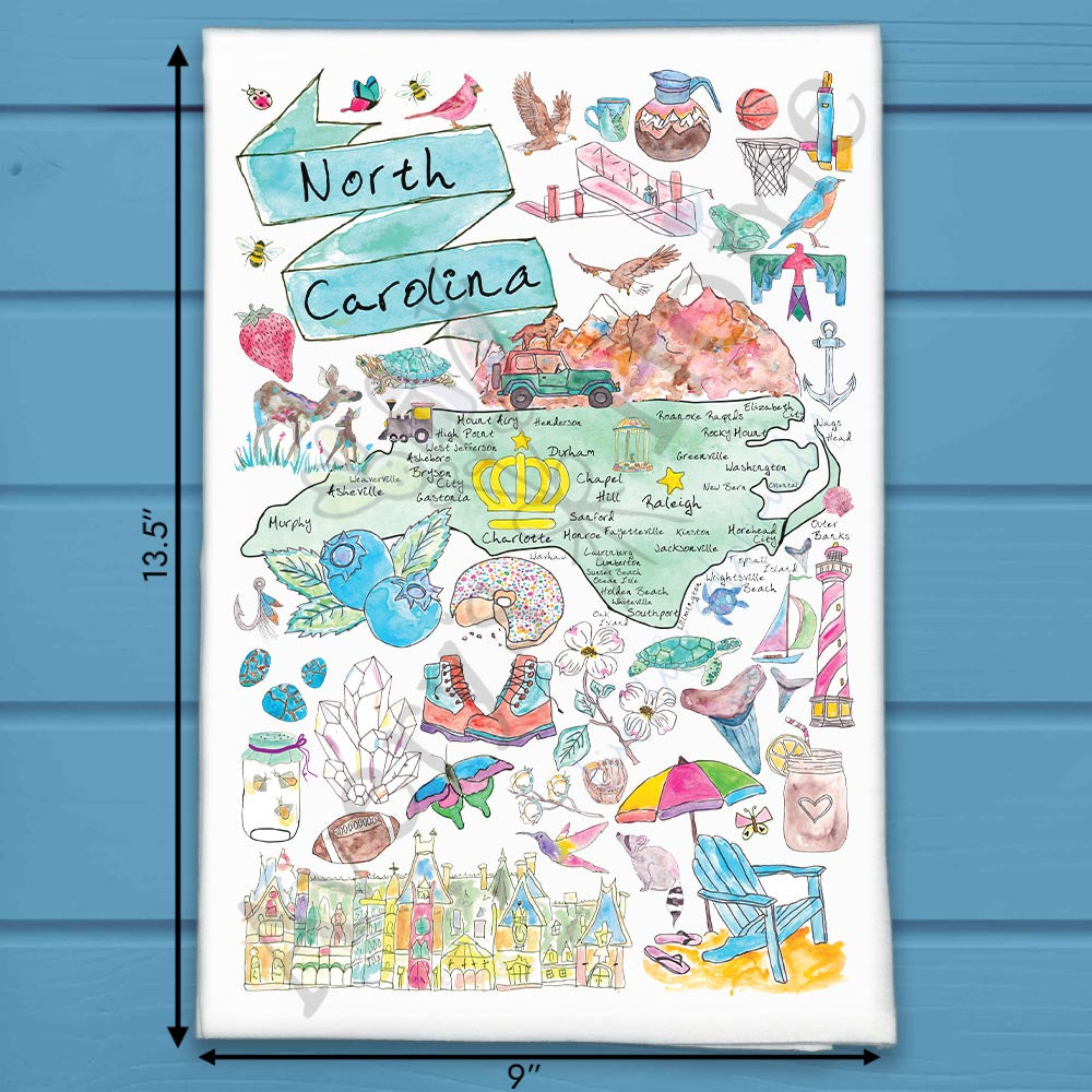 North Carolina State Map flour sack dish towel, art by Avery Jackson