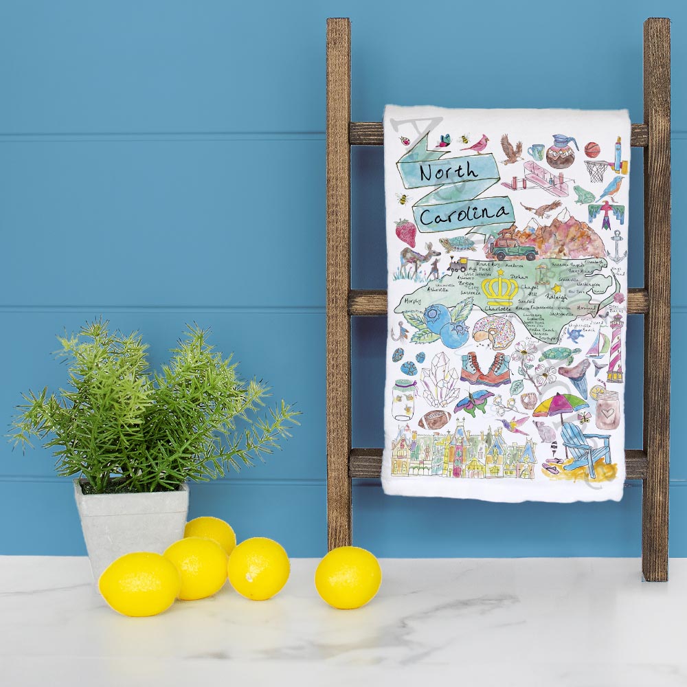 North Carolina State Map dish towel folded, hemmed on all four sides