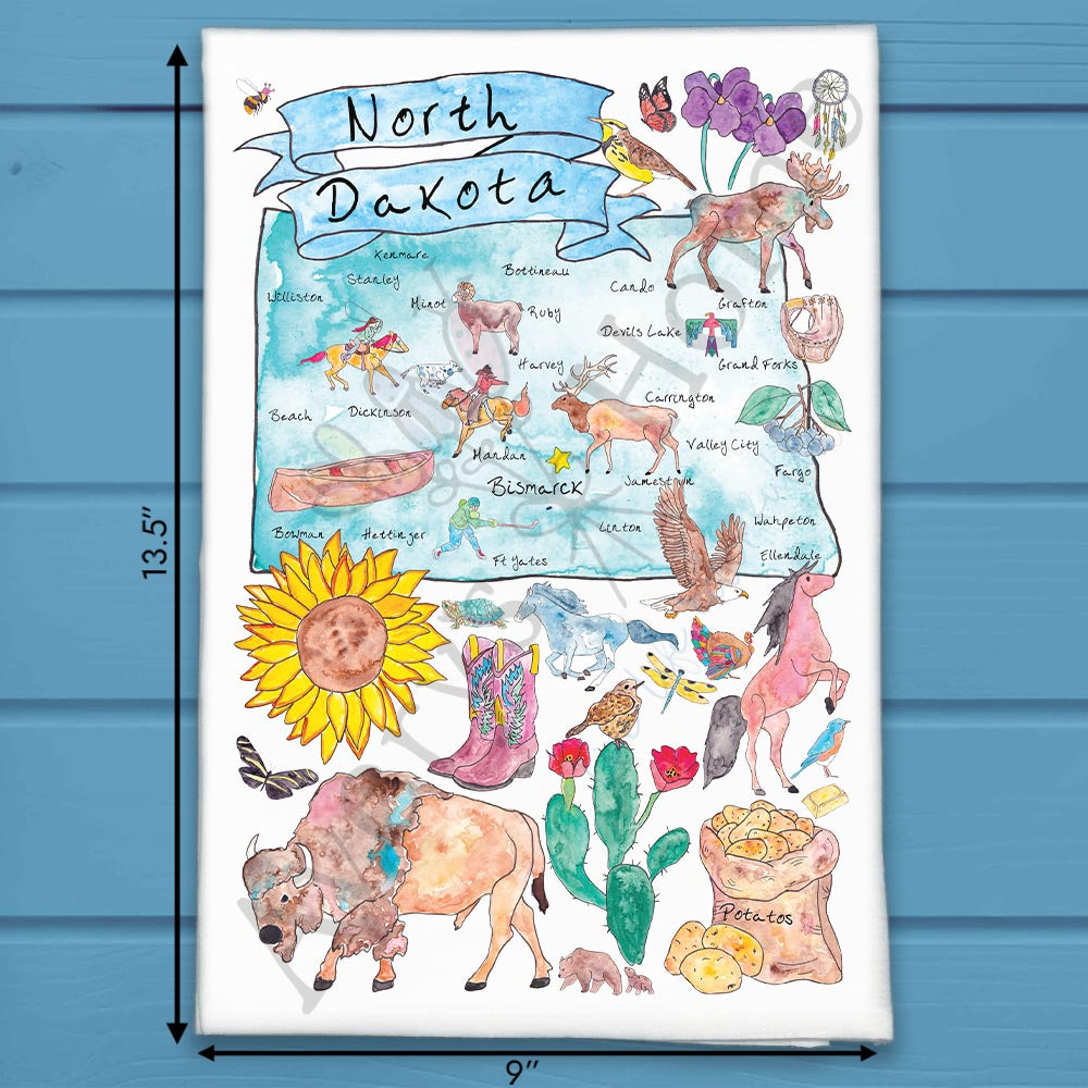 North Dakota State Map flour sack dish towel, art by Avery Jackson