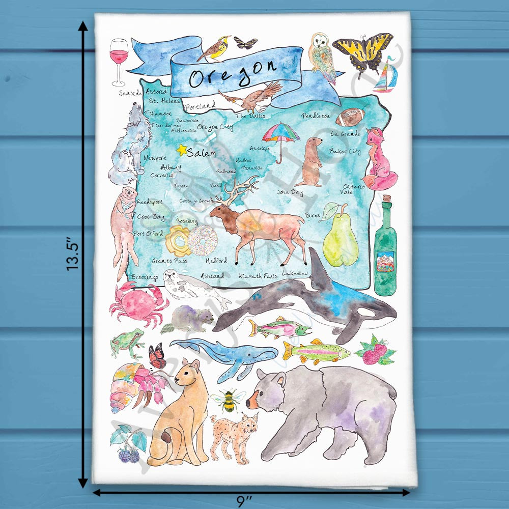 Oregon State Map flour sack dish towel, art by Avery Jackson