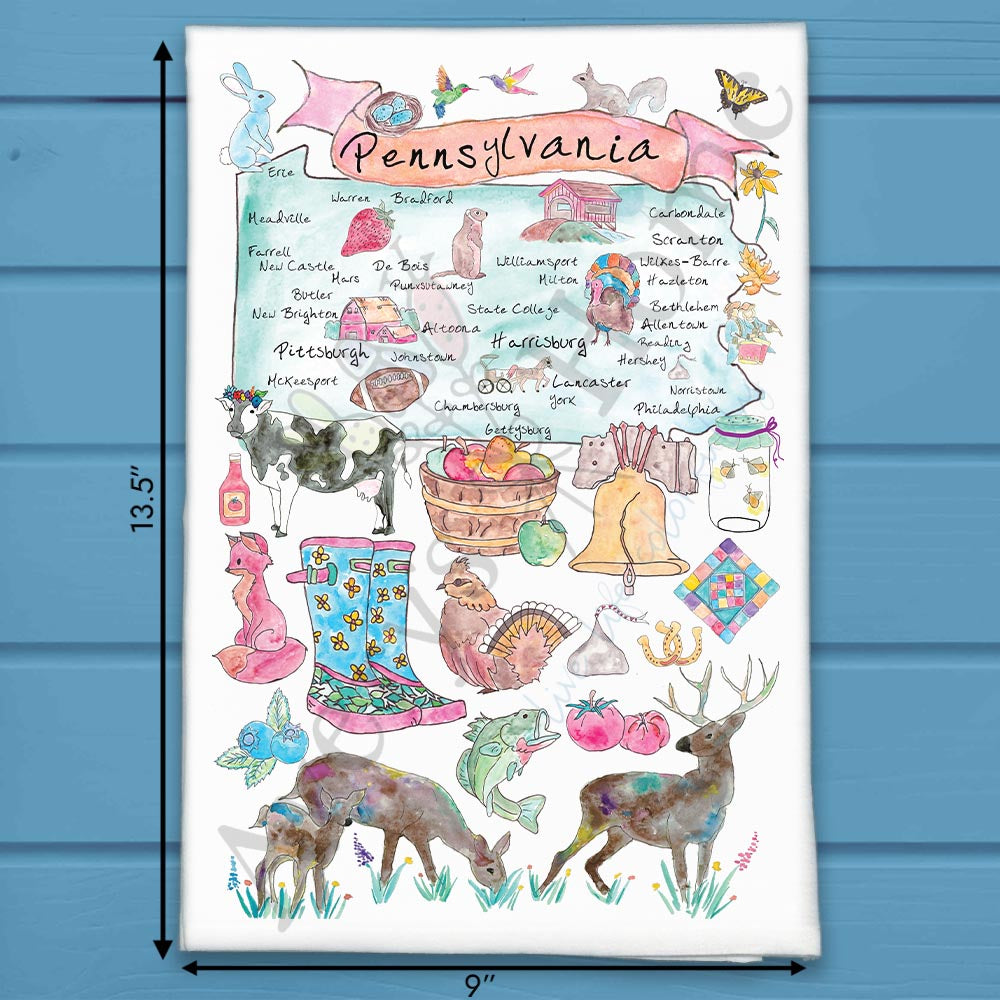 Pennsylvania State Map flour sack dish towel, art by Avery Jackson