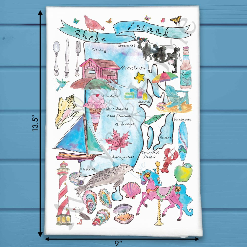 Rhode Island State Map flour sack dish towel, art by Avery Jackson