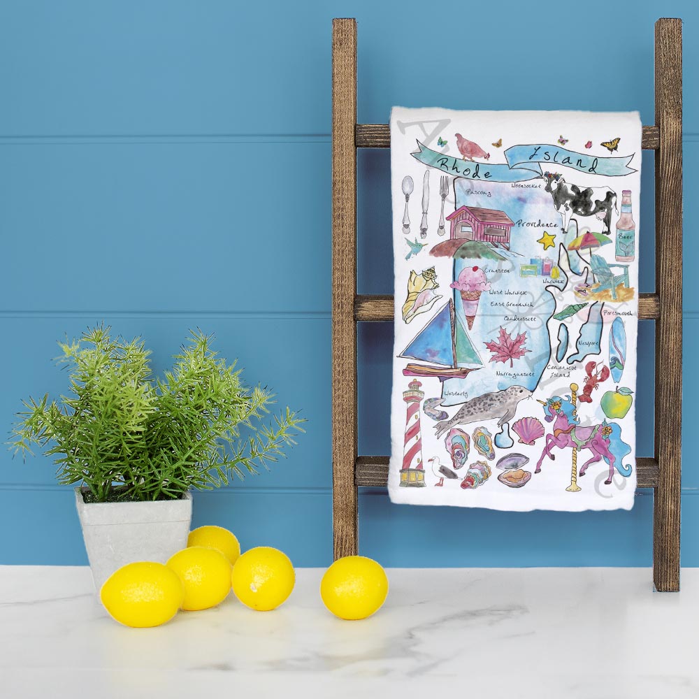 Rhode Island State Map dish towel folded, hemmed on all four sides