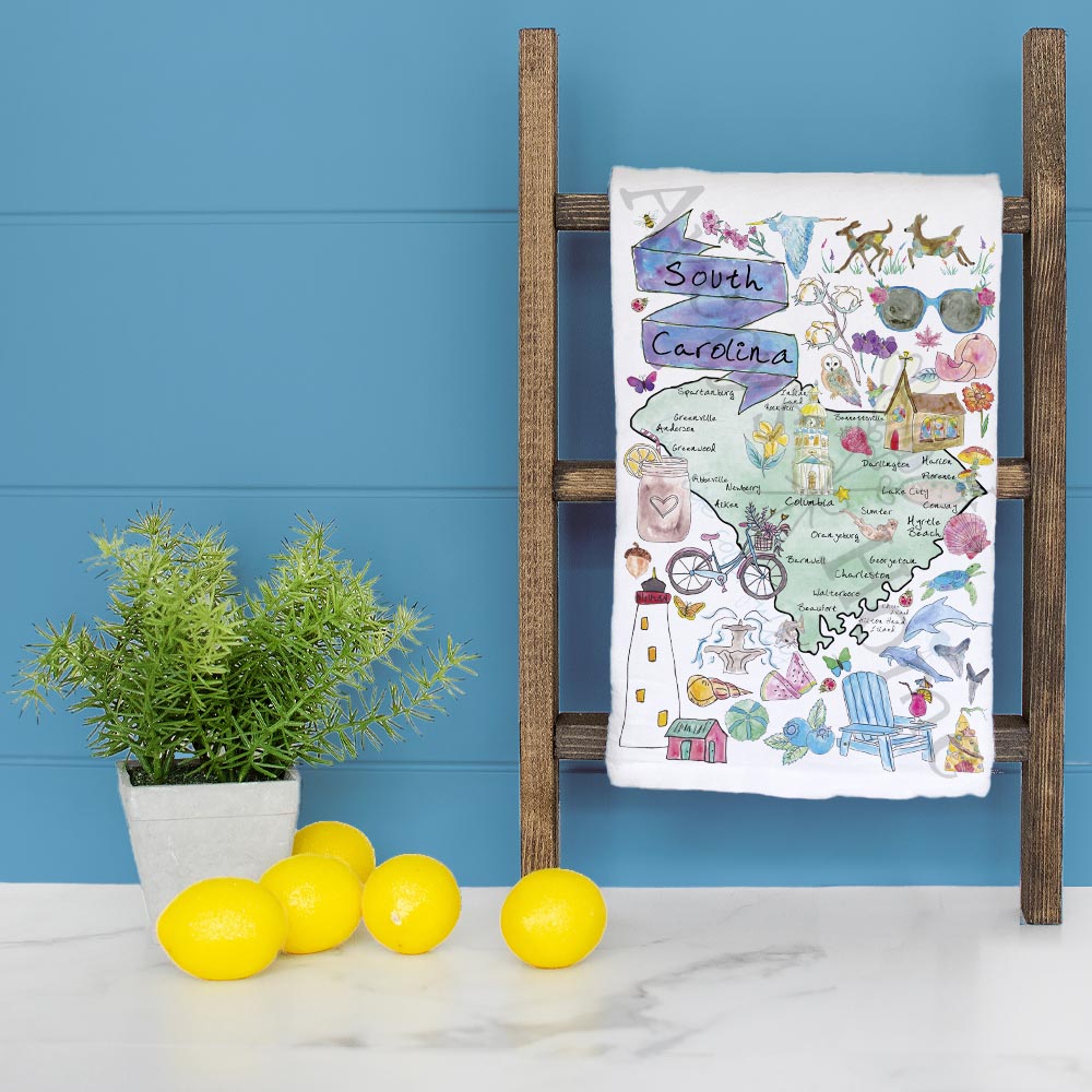 South Carolina State Map dish towel folded, hemmed on all four sides