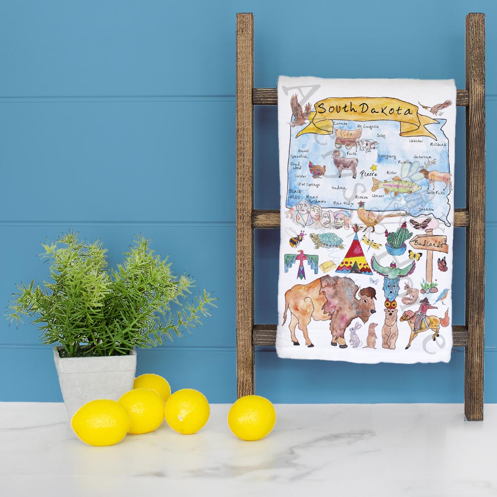 South Dakota State Map dish towel folded, hemmed on all four sides
