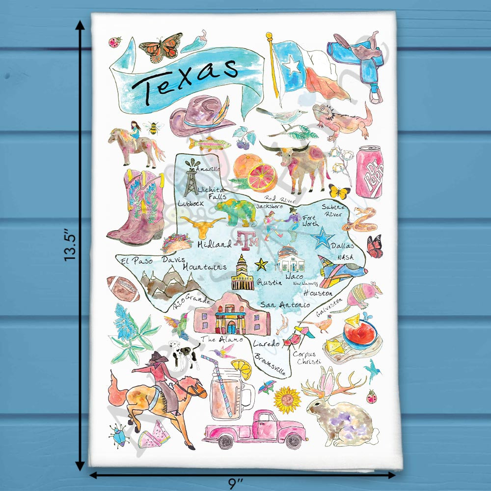 Texas State Map flour sack dish towel, art by Avery Jackson