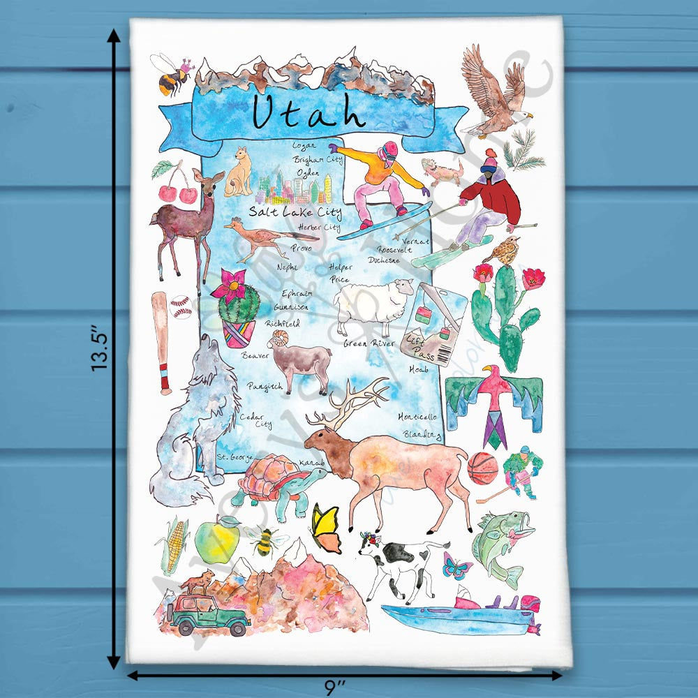 Utah State Map flour sack dish towel, art by Avery Jackson