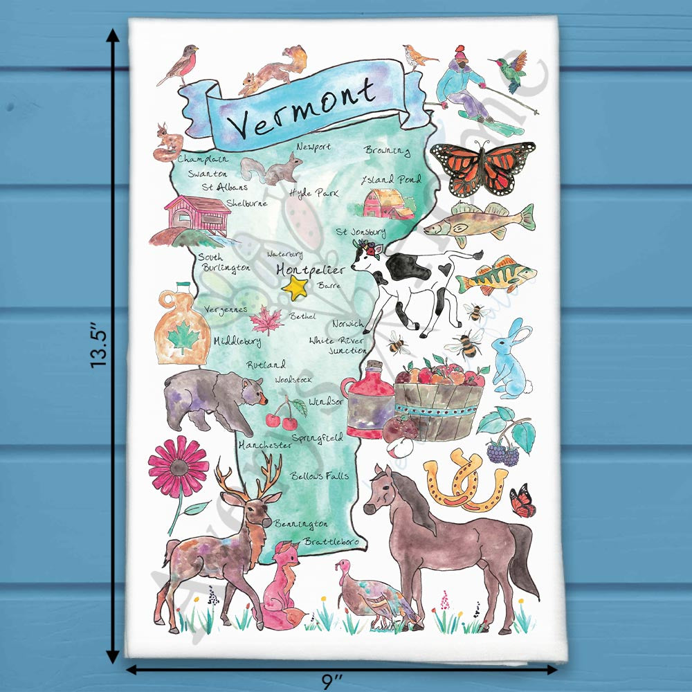 Vermont State Map flour sack dish towel, art by Avery Jackson