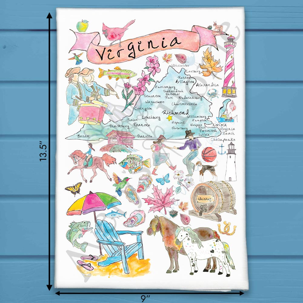 Virginia State Map flour sack dish towel, art by Avery Jackson