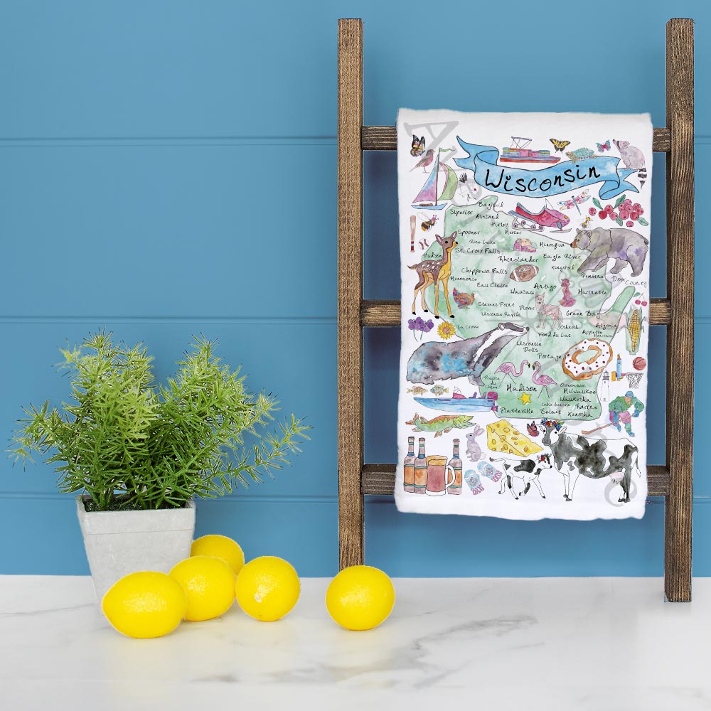 Wisconsin State Map dish towel folded, hemmed on all four sides