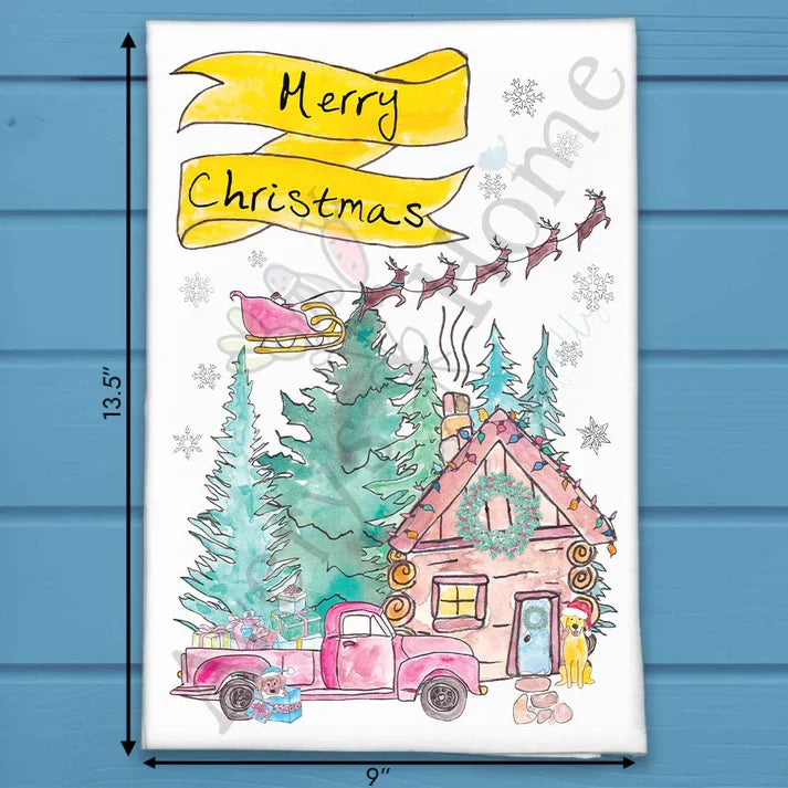 Christmas Cabin flour sack dish towel, art by Avery Jackson