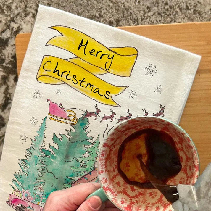 Christmas Cabin dish towel, 27x27 flour sack cotton