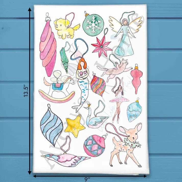 Christmas Ornaments flour sack dish towel, art by Avery Jackson