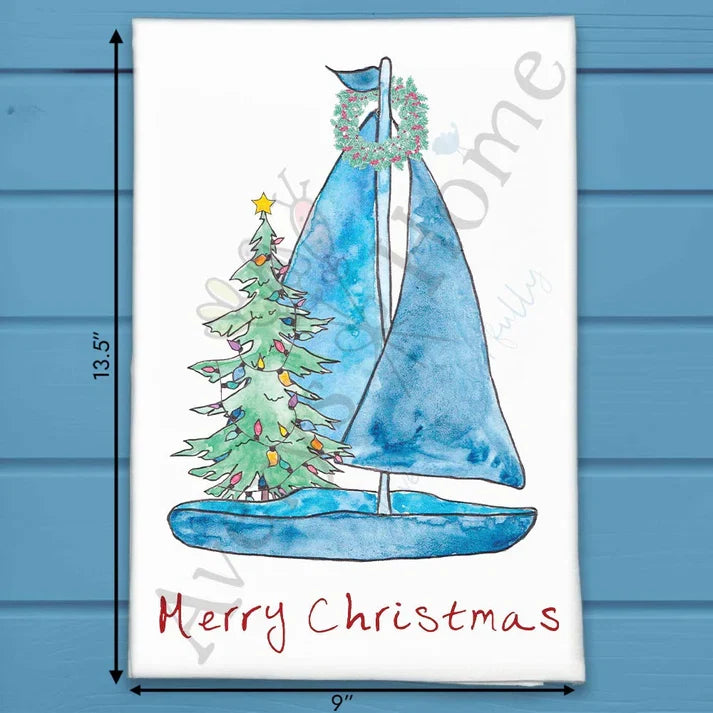 Sailboat with Christmas Tree flour sack dish towel, art by Avery Jackson