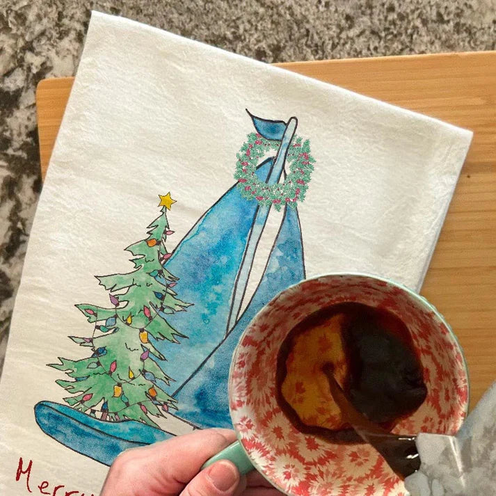 Sailboat with Christmas Tree dish towel, 27x27 flour sack cotton