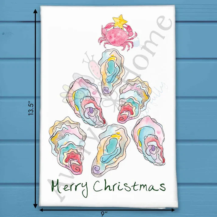 Oyster Christmas Tree flour sack dish towel, art by Avery Jackson