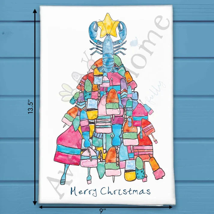 Lobster and Buoys Christmas Tree flour sack dish towel, art by Avery Jackson