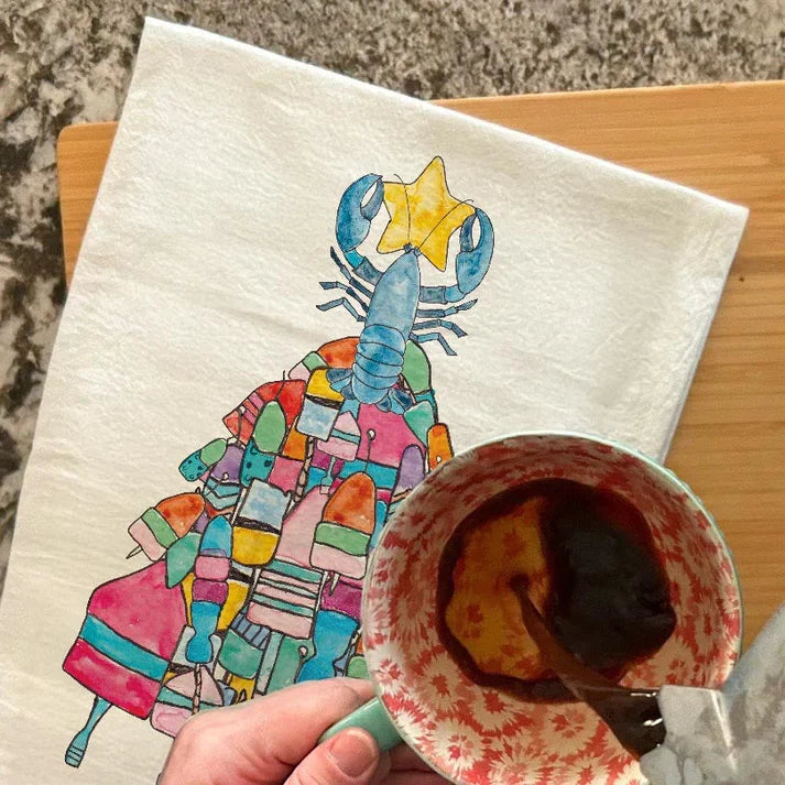 Lobster and Buoys Christmas Tree dish towel, 27x27 flour sack cotton
