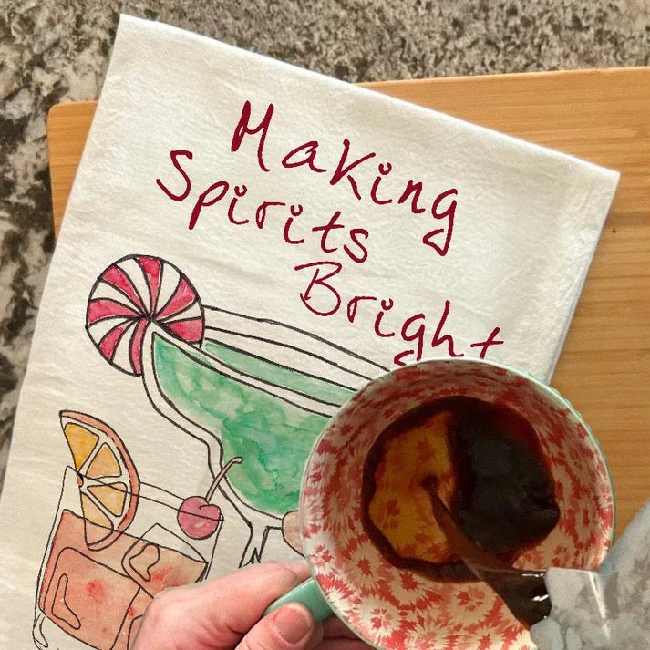 Making Spirits Bright dish towel, 27x27 flour sack cotton