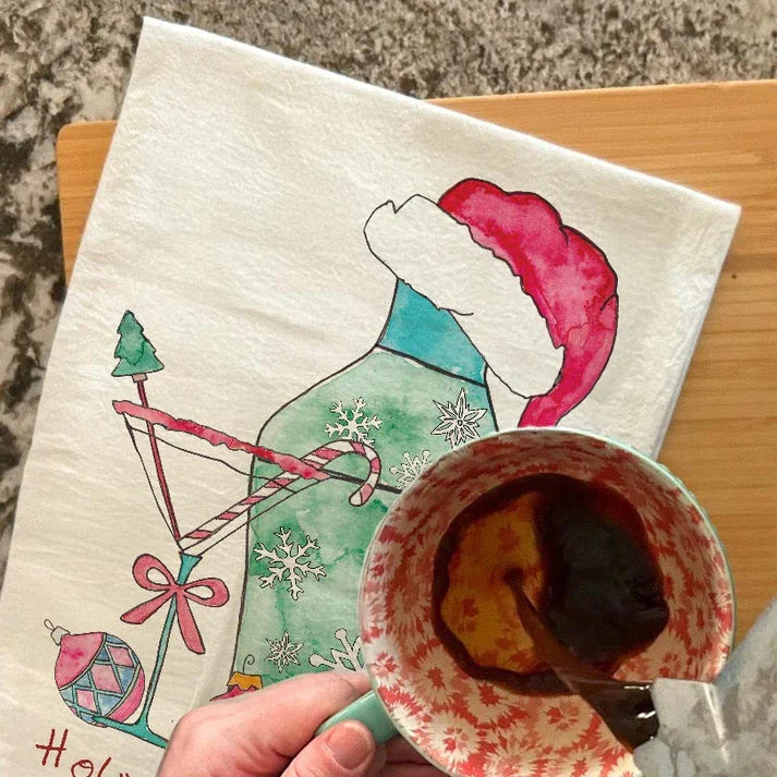 Holiday Cheer Christmas Cocktail dish towel, 27x27 flour sack cotton