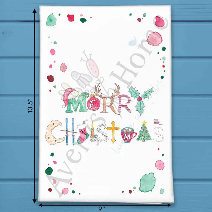 Merry Christmas Icons flour sack dish towel, art by Avery Jackson