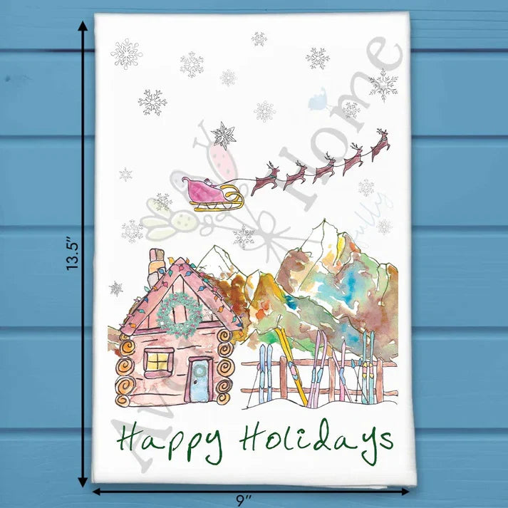 Happy Holidays in the Mountains flour sack dish towel, art by Avery Jackson