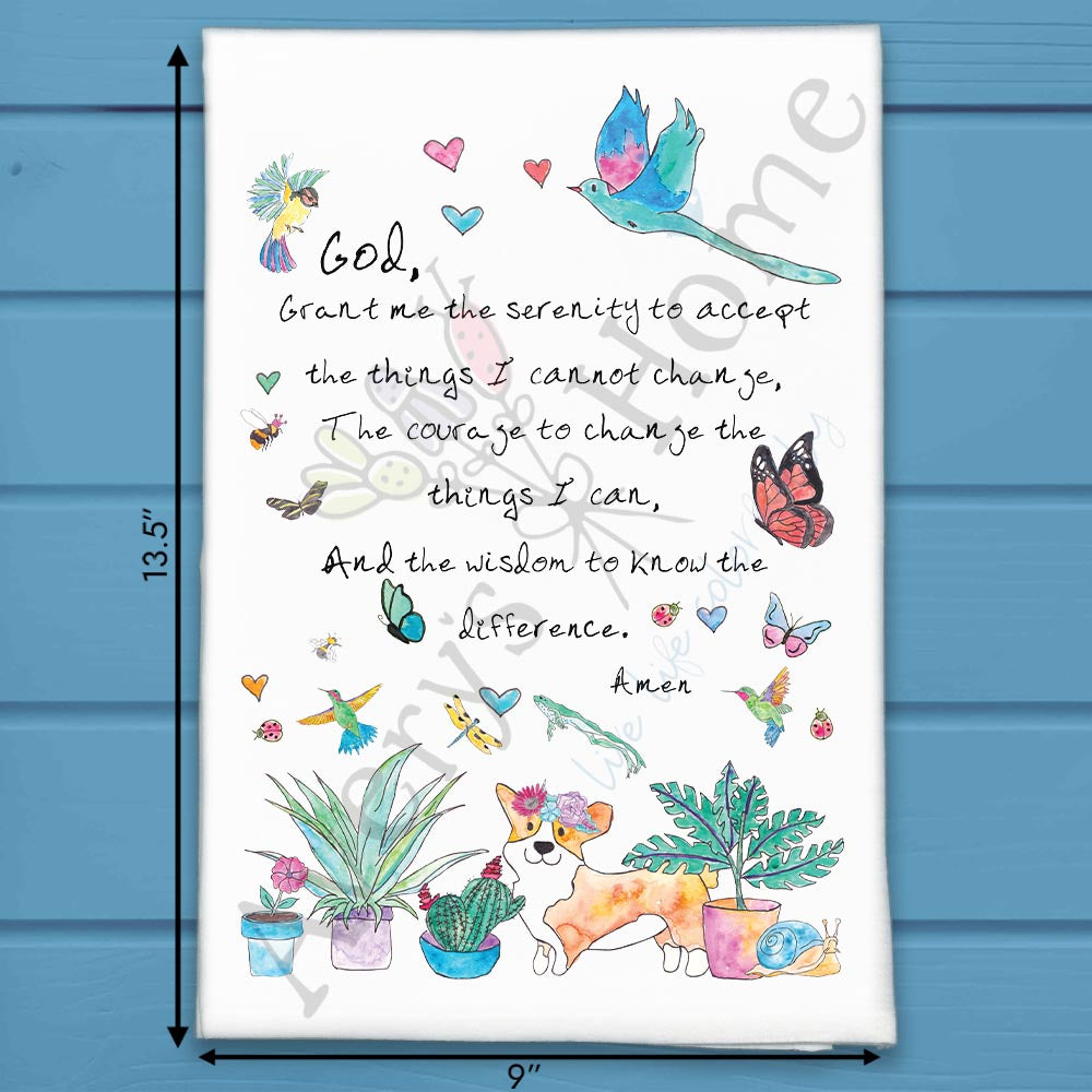 Serenity Prayer flour sack dish towel, art by Avery Jackson
