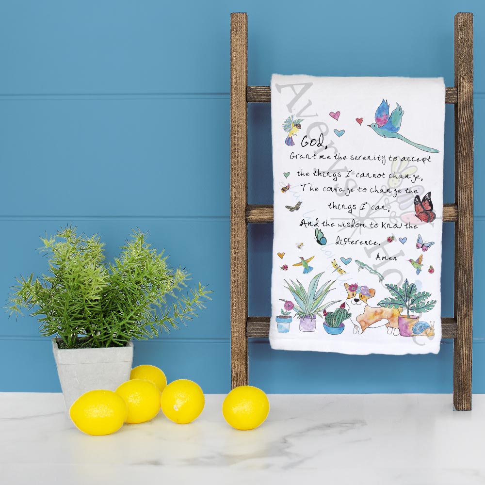 Serenity Prayer dish towel folded, hemmed on all four sides
