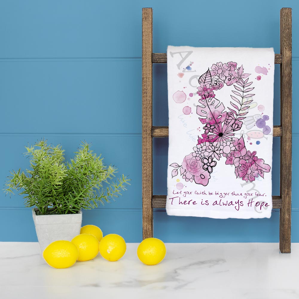 Breast Cancer dish towel folded, hemmed on all four sides