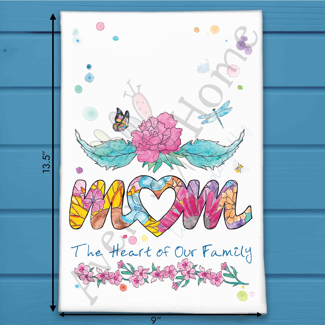 Mom is the Heart of the Family flour sack dish towel, art by Avery Jackson