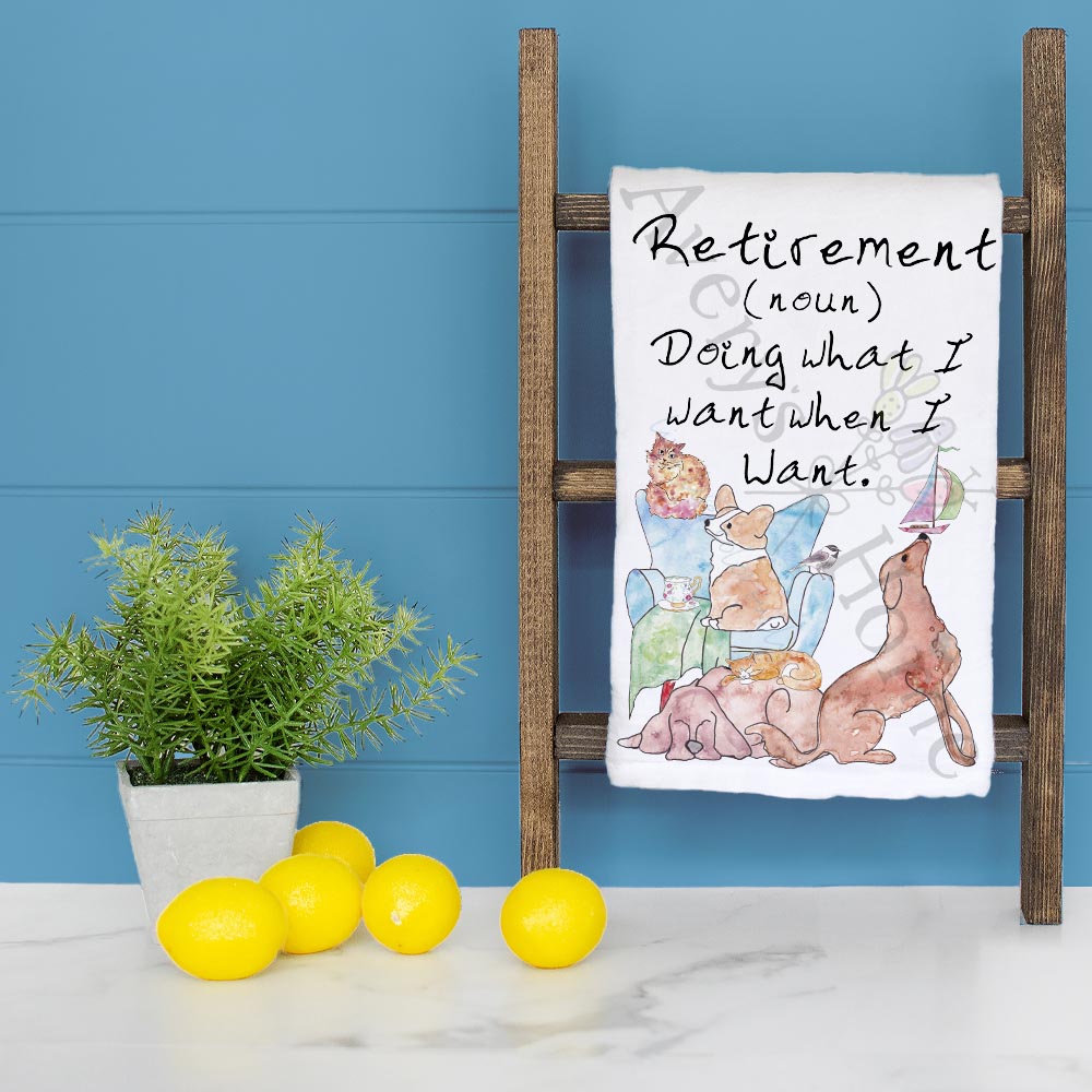 Dog Retirement Definition dish towel folded, hemmed on all four sides