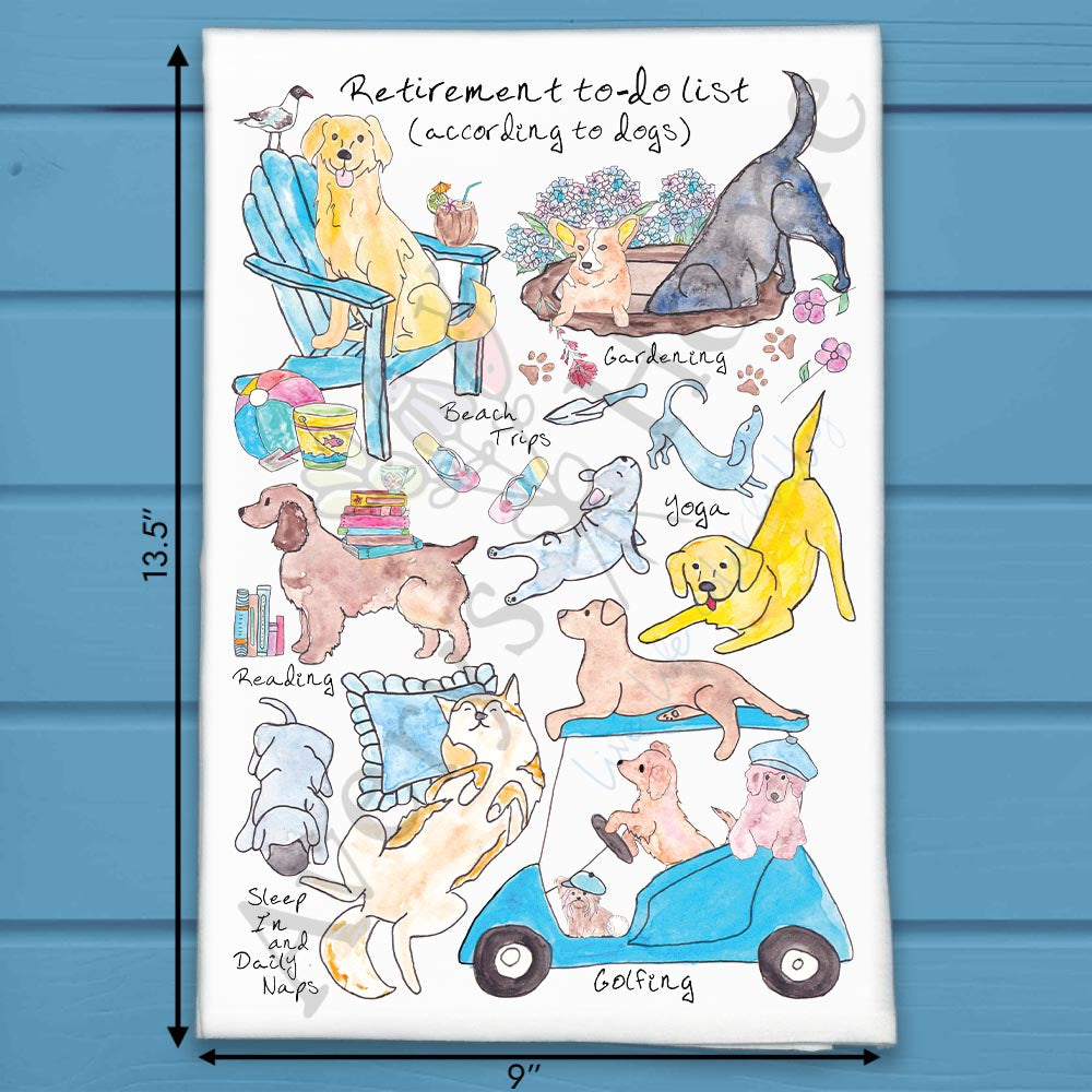 Retired Dog Life flour sack dish towel, art by Avery Jackson