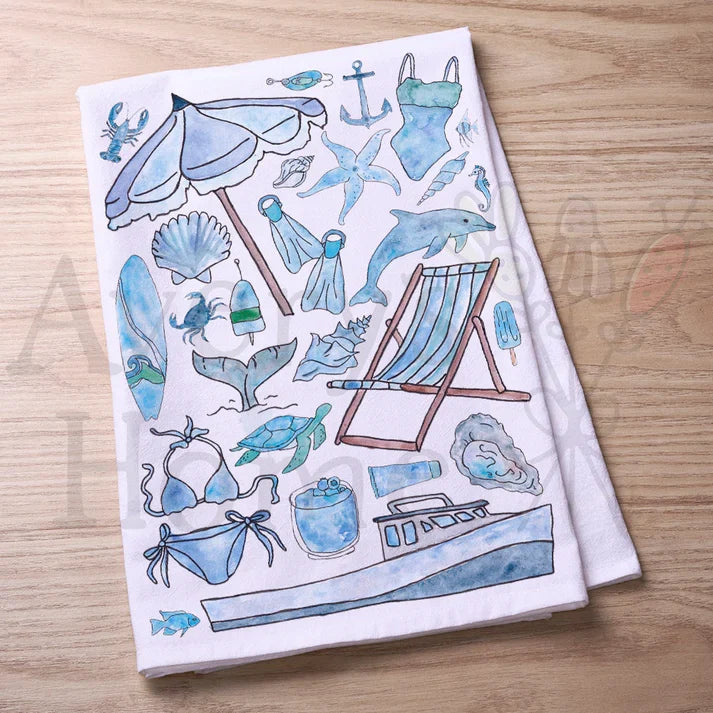 Blue Beach Day Memories flour sack dish towel, art by Avery Jackson