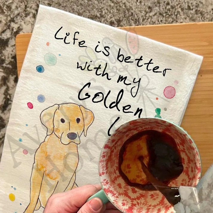 Golden Lab dish towel hanging in the kitchen