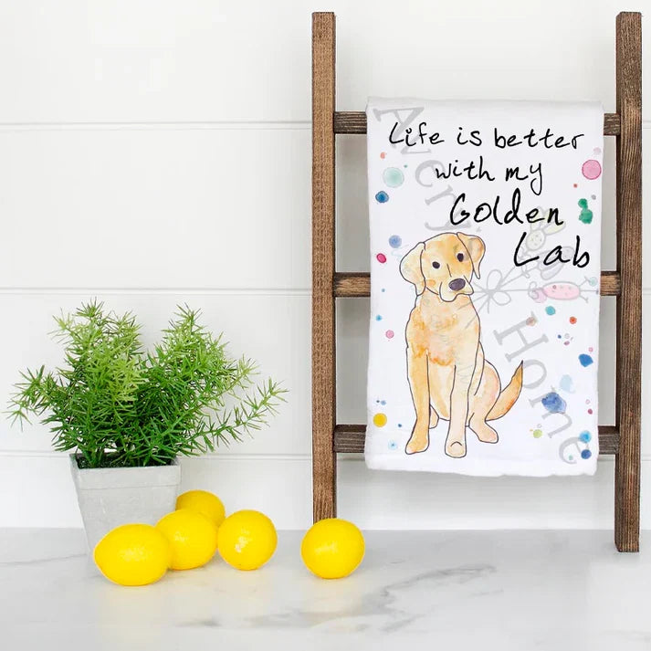 Golden Lab dish towel folded, hemmed on all four sides