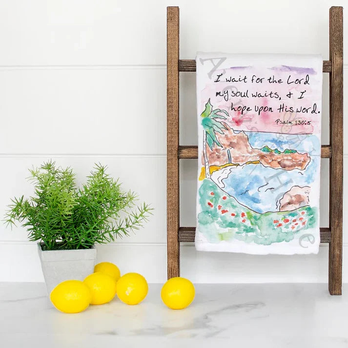 I Wait for the Lord Beach Psalm 130:5 dish towel folded, hemmed on all four sides