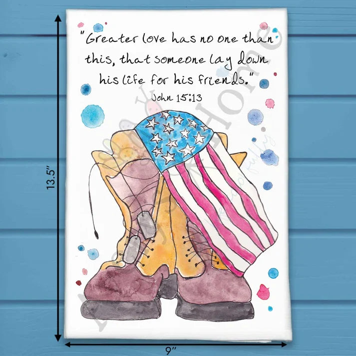 Combat Boots John 15:13 flour sack dish towel, art by Avery Jackson