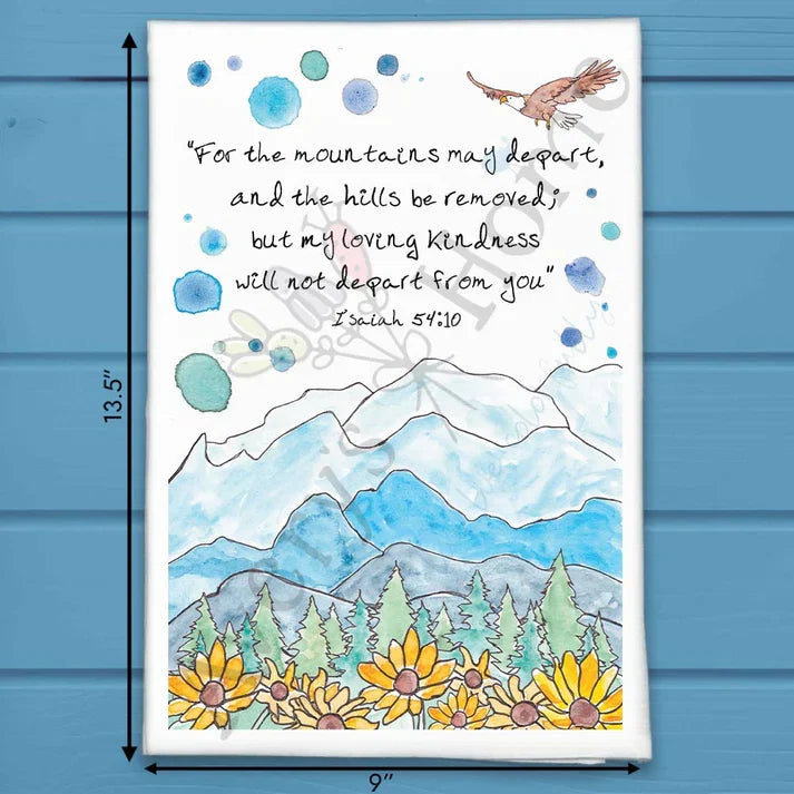 My Loving Kindness Isaiah 54:10 flour sack dish towel, art by Avery Jackson