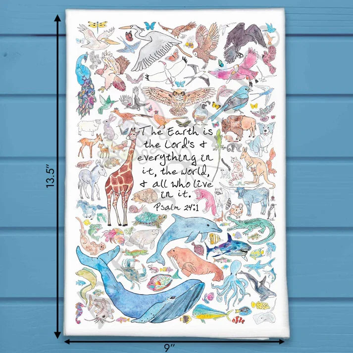 The Earth is the Lord's Psalm 24:1 flour sack dish towel, art by Avery Jackson