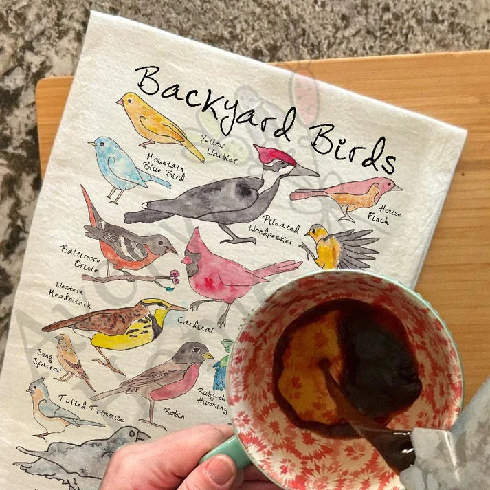 Backyard Birds dish towel, 27x27 flour sack cotton