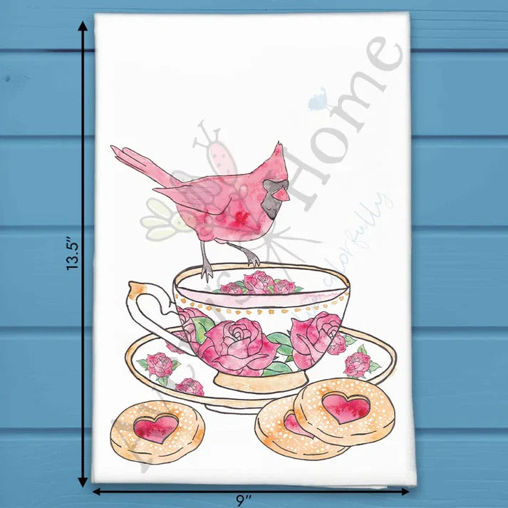 Cardinal Teacup & Cookies flour sack dish towel, art by Avery Jackson