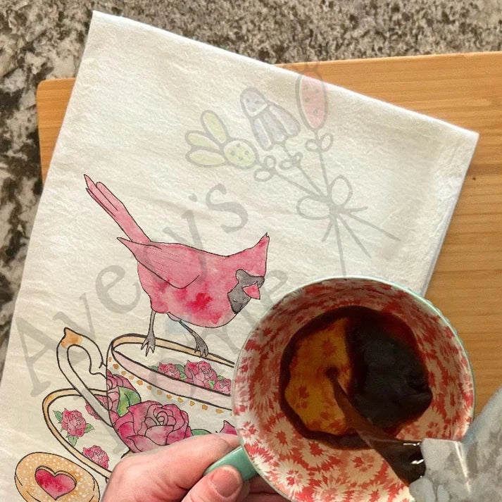 Cardinal Teacup & Cookies dish towel, 27x27 flour sack cotton