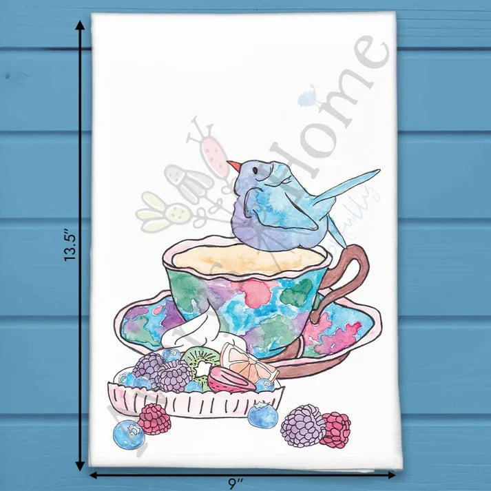 Bluebird Teacup & Tart flour sack dish towel, art by Avery Jackson